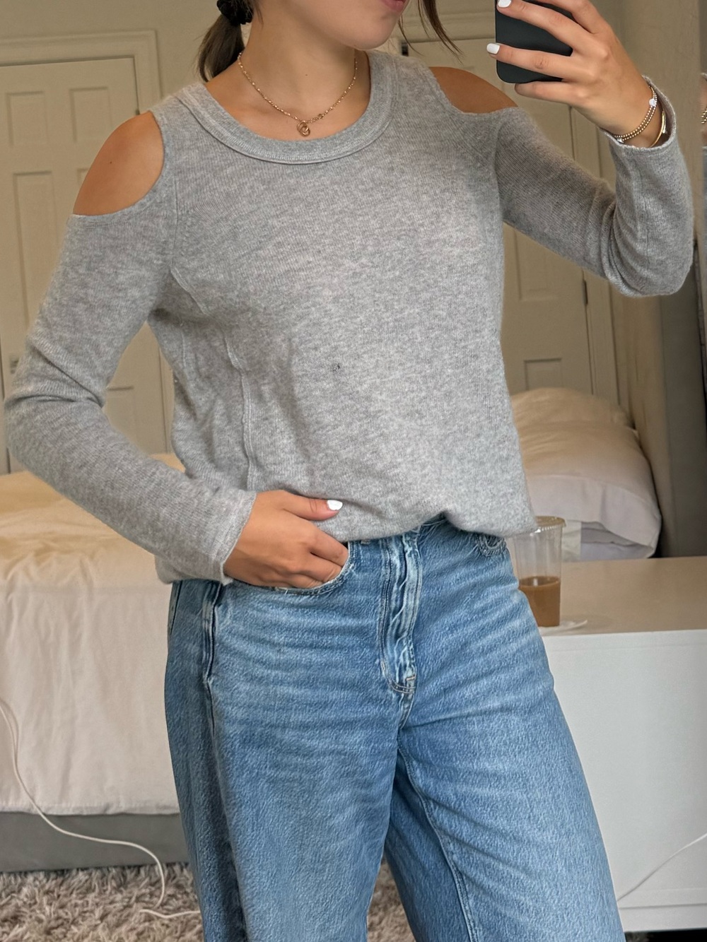 Aqua Gray Cold-Shoulder Long Sleeve Sweater